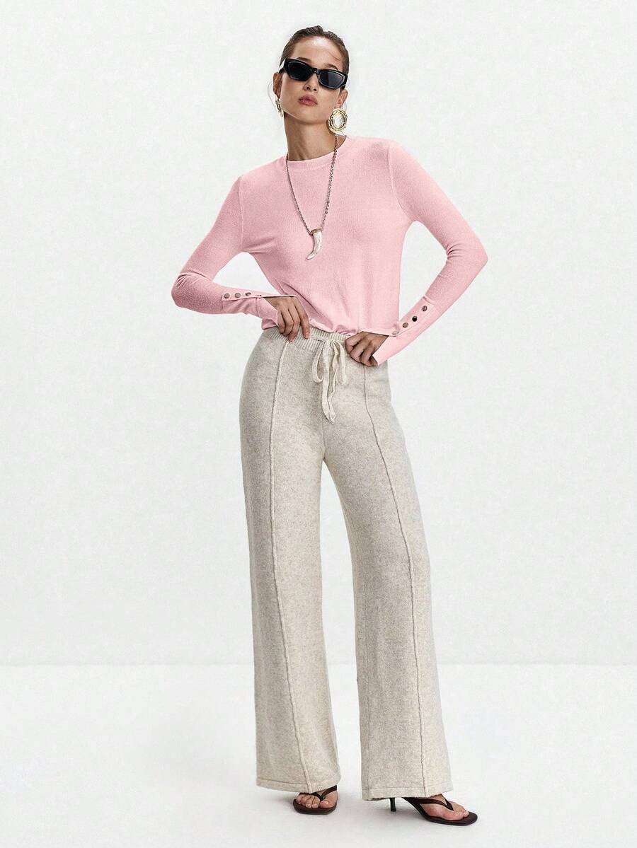 Women's Fine Knit Sweater with Button Cuffs, Lightweight Pullover for Fall Work Casual - Beige
