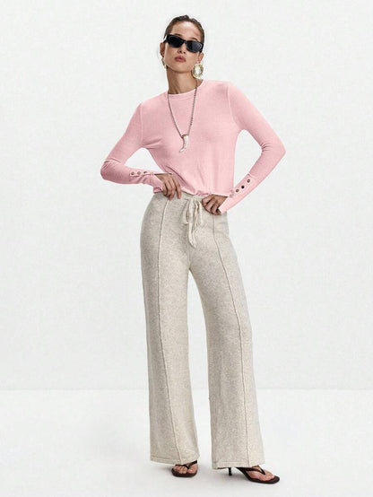 Women's Fine Knit Sweater with Button Cuffs, Lightweight Pullover for Fall Work Casual - Beige