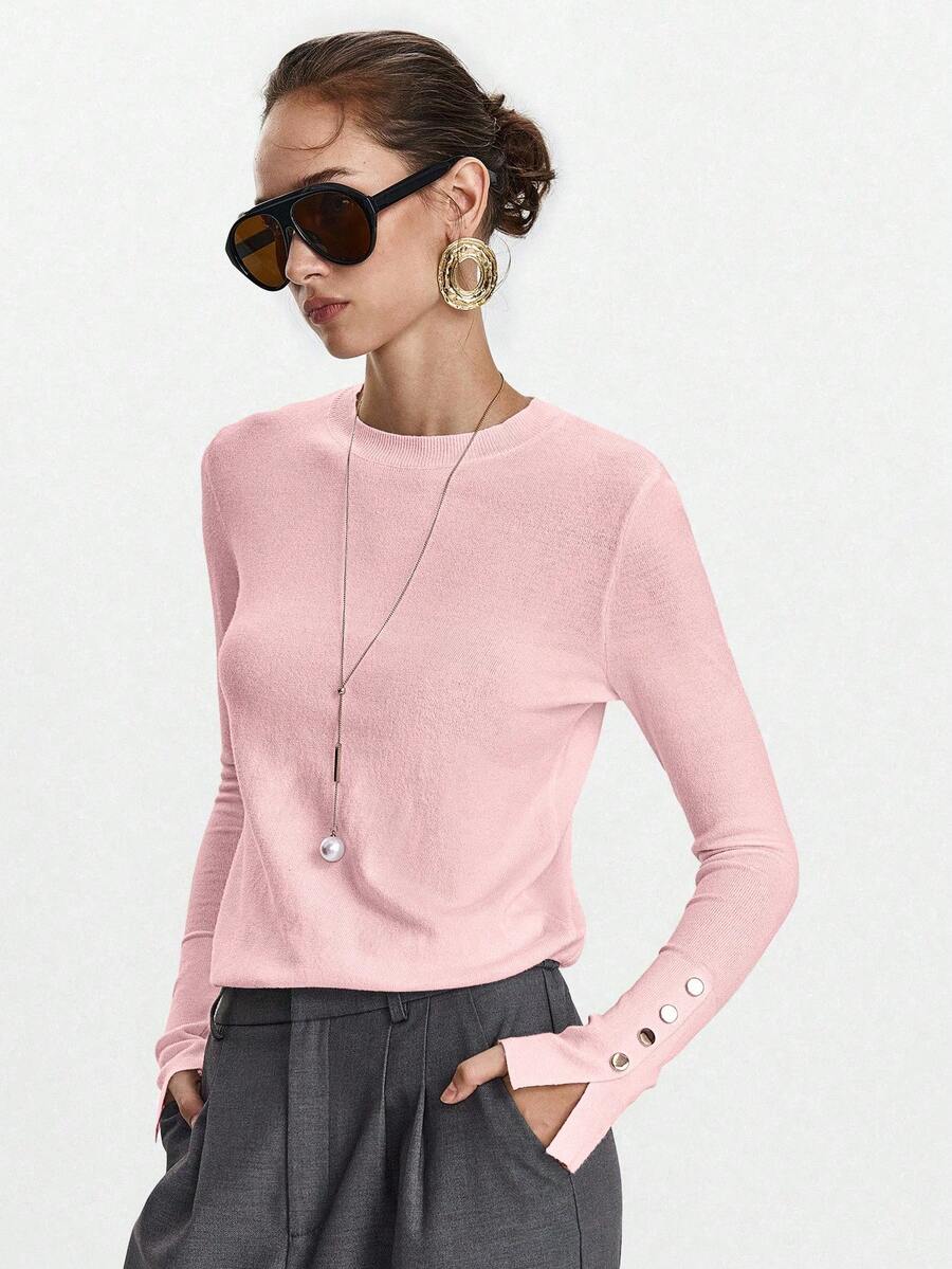 Women's Fine Knit Sweater with Button Cuffs, Lightweight Pullover for Fall Work Casual - Beige
