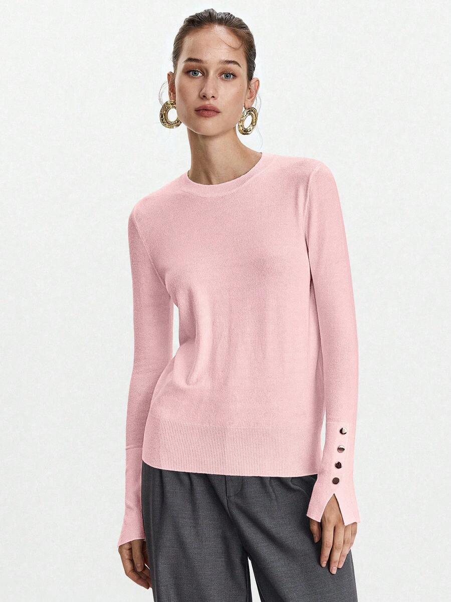Women's Fine Knit Sweater with Button Cuffs, Lightweight Pullover for Fall Work Casual - Beige
