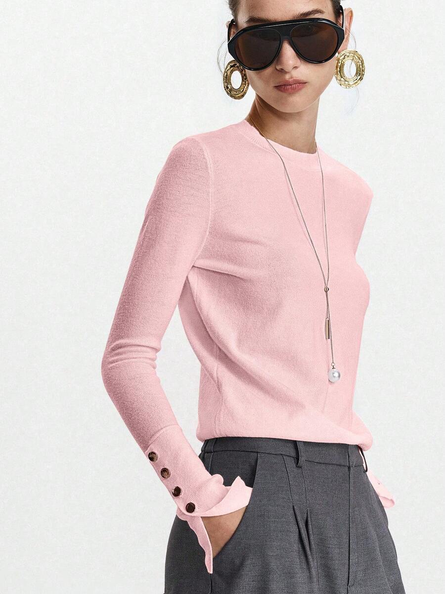 Women's Fine Knit Sweater with Button Cuffs, Lightweight Pullover for Fall Work Casual - Beige