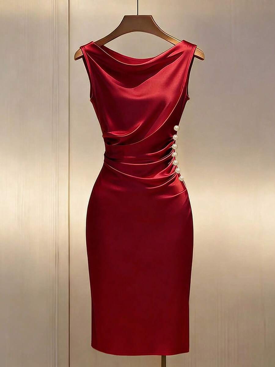 Women's Satin Cowl Neck Midi Dress, Ruched Silky Dress for Wedding Guest and Evening - Champagne