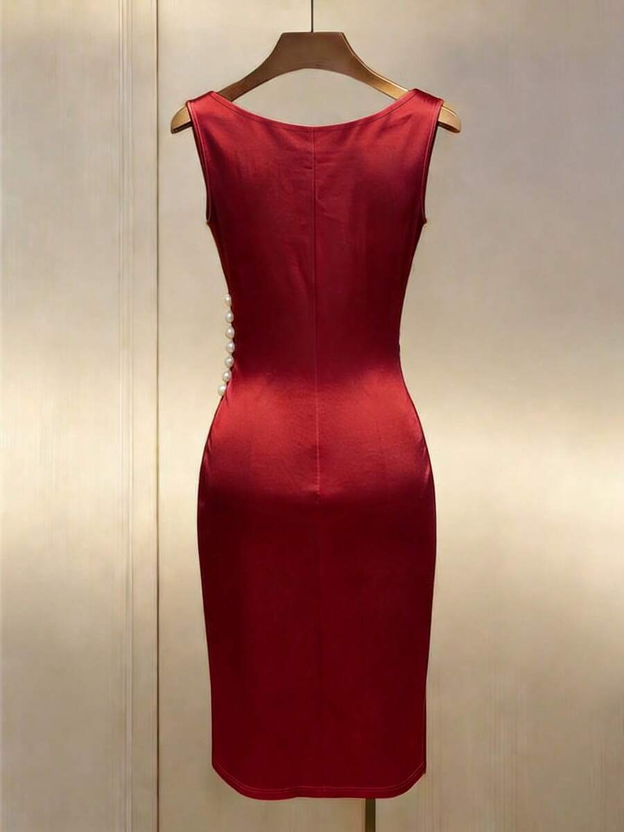 Women's Satin Cowl Neck Midi Dress, Ruched Silky Dress for Wedding Guest and Evening - Champagne