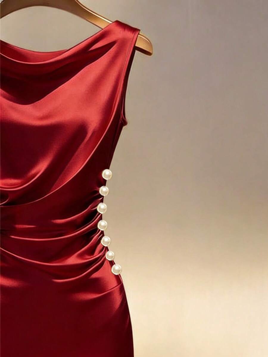 Women's Satin Cowl Neck Midi Dress, Ruched Silky Dress for Wedding Guest and Evening - Champagne