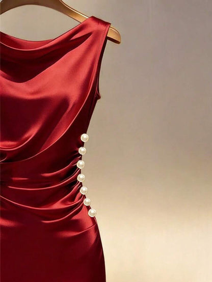 Women's Satin Cowl Neck Midi Dress, Ruched Silky Dress for Wedding Guest and Evening - Champagne