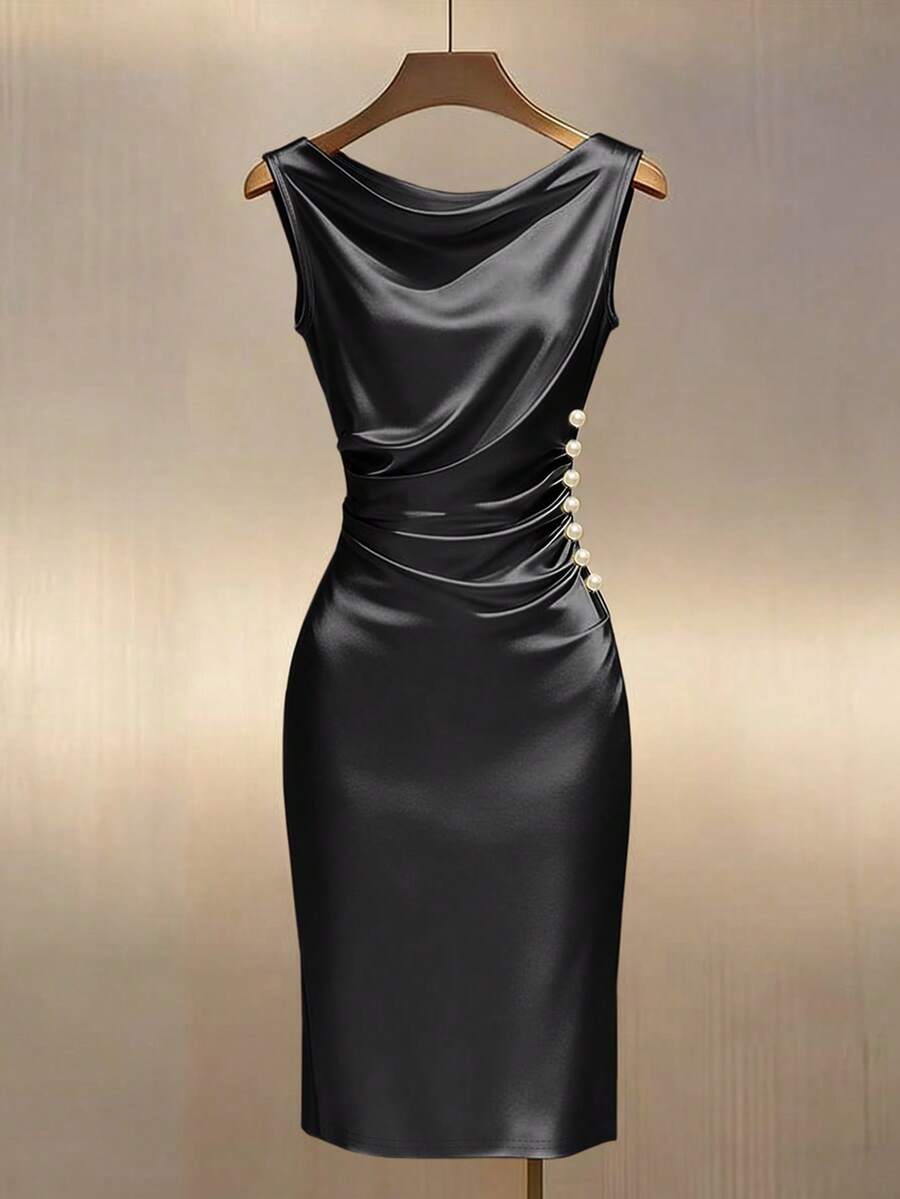 Women's Satin Cowl Neck Midi Dress, Ruched Silky Dress for Wedding Guest and Evening - Black