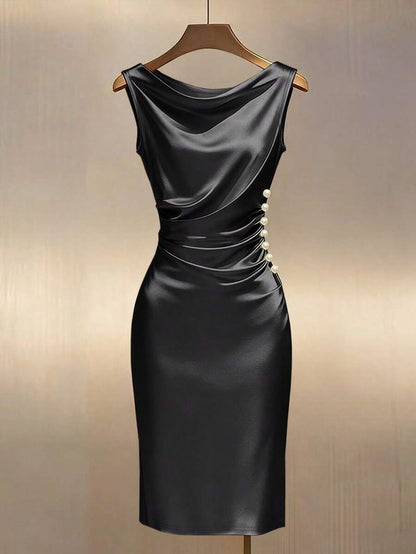 Women's Satin Cowl Neck Midi Dress, Ruched Silky Dress for Wedding Guest and Evening - Black
