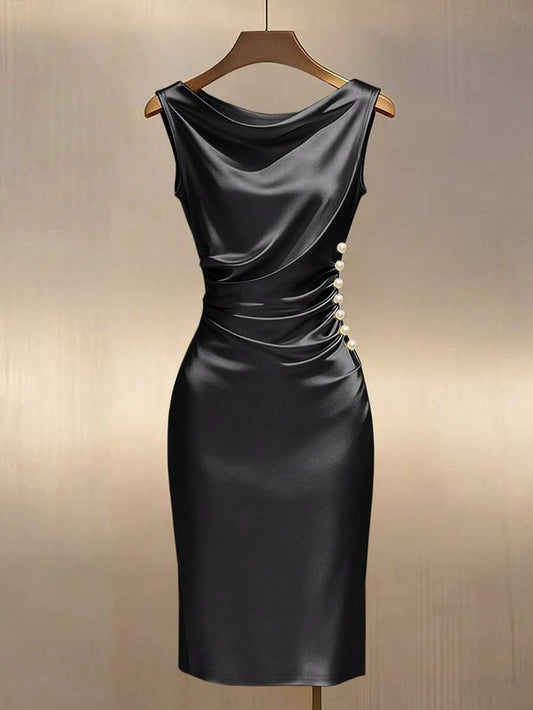 Women's Satin Cowl Neck Midi Dress, Ruched Silky Dress for Wedding Guest and Evening - Black