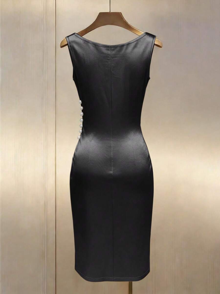 Women's Satin Cowl Neck Midi Dress, Ruched Silky Dress for Wedding Guest and Evening - Champagne
