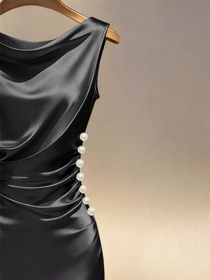 Women's Satin Cowl Neck Midi Dress, Ruched Silky Dress for Wedding Guest and Evening - Champagne