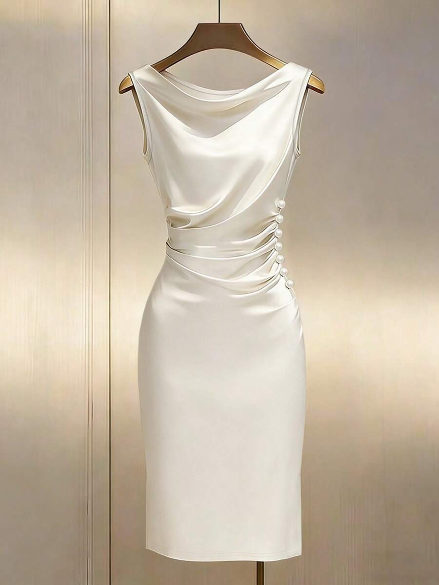 Women's Satin Cowl Neck Midi Dress, Ruched Silky Dress for Wedding Guest and Evening - Beige