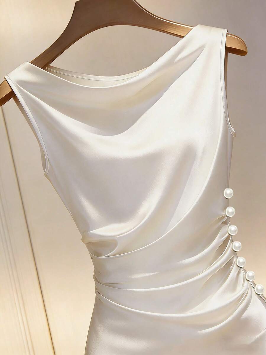 Women's Satin Cowl Neck Midi Dress, Ruched Silky Dress for Wedding Guest and Evening - Champagne
