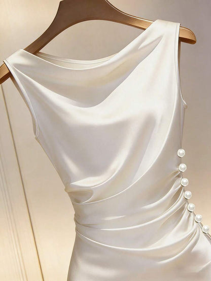 Women's Satin Cowl Neck Midi Dress, Ruched Silky Dress for Wedding Guest and Evening - Champagne