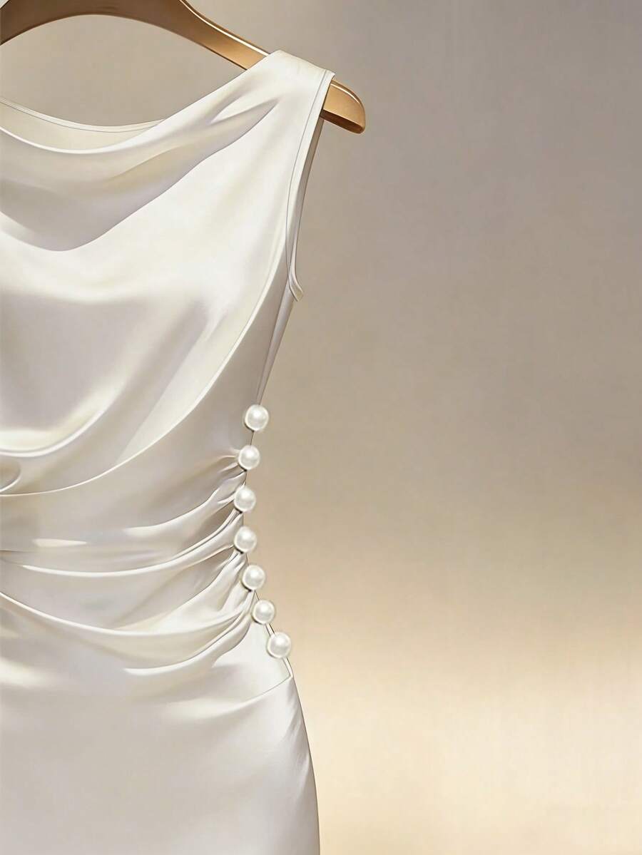 Women's Satin Cowl Neck Midi Dress, Ruched Silky Dress for Wedding Guest and Evening - Champagne