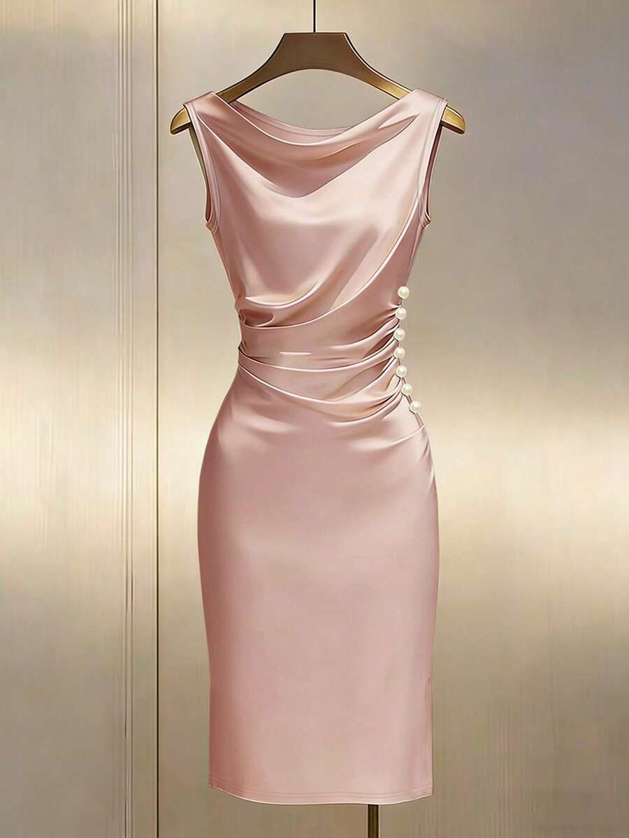 Women's Satin Cowl Neck Midi Dress, Ruched Silky Dress for Wedding Guest and Evening - Champagne