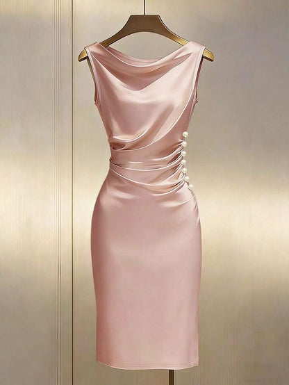 Women's Satin Cowl Neck Midi Dress, Ruched Silky Dress for Wedding Guest and Evening - Champagne