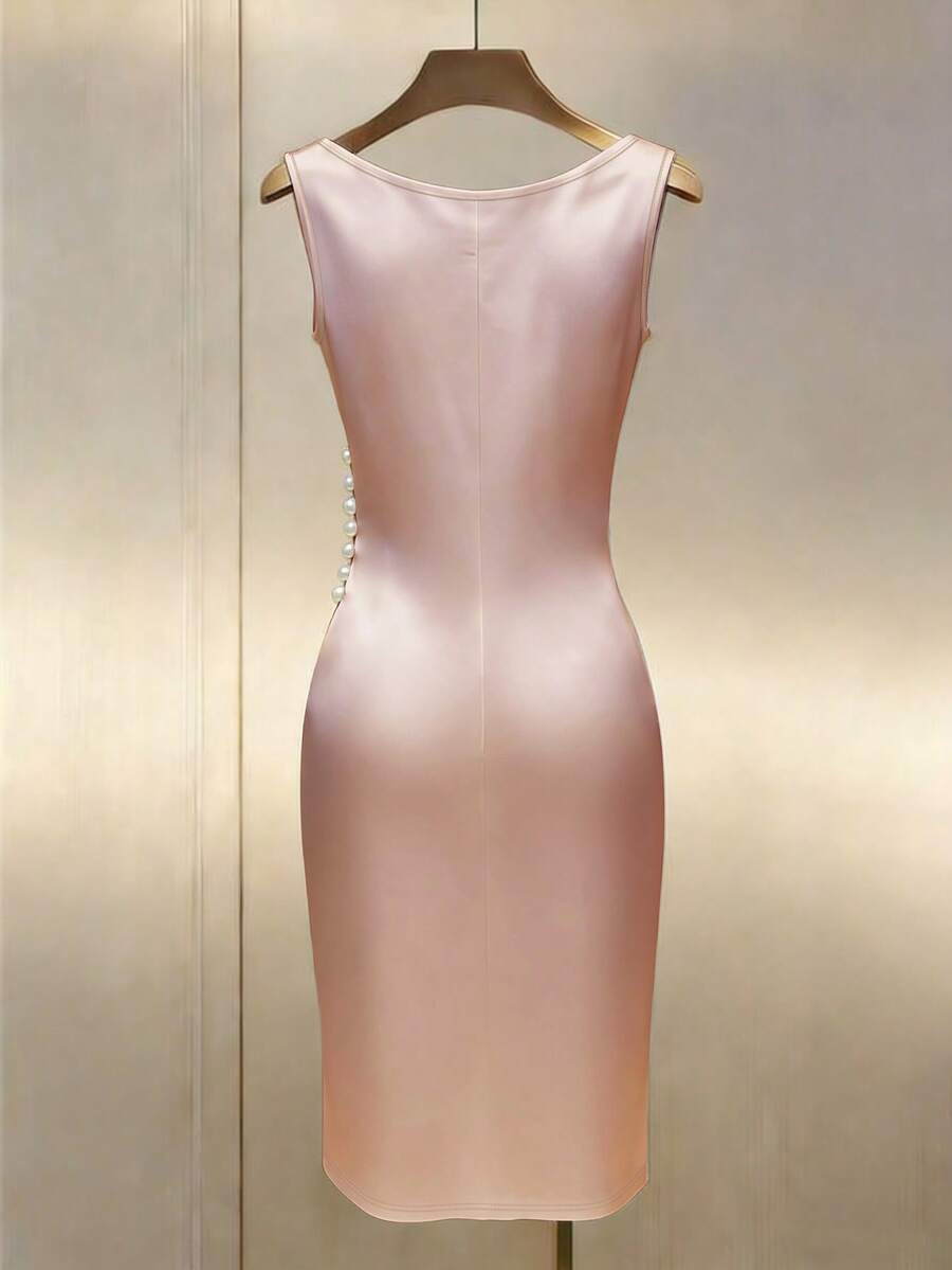 Women's Satin Cowl Neck Midi Dress, Ruched Silky Dress for Wedding Guest and Evening - Champagne