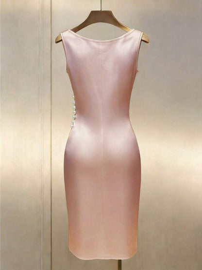Women's Satin Cowl Neck Midi Dress, Ruched Silky Dress for Wedding Guest and Evening - Champagne