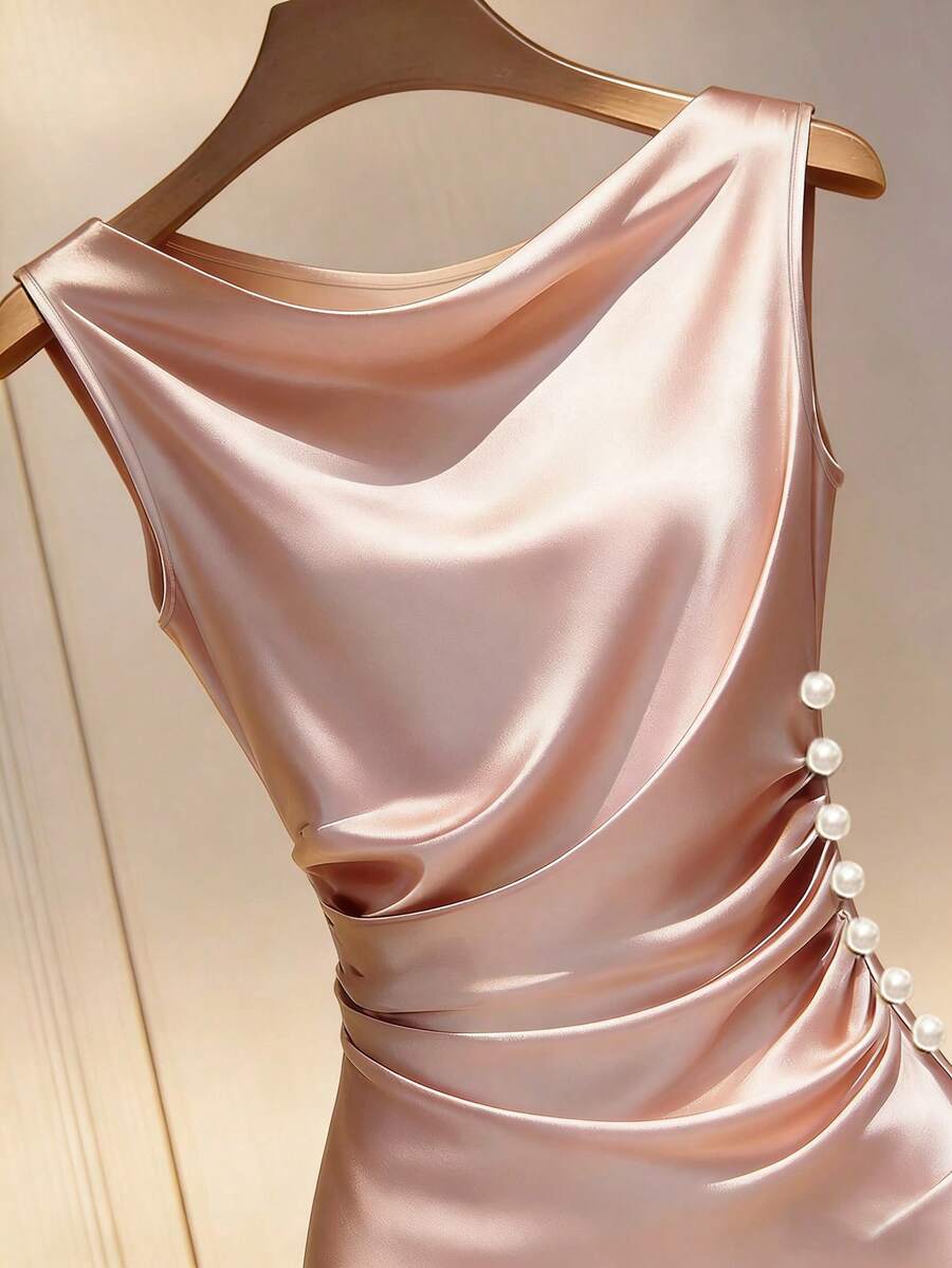 Women's Satin Cowl Neck Midi Dress, Ruched Silky Dress for Wedding Guest and Evening - Champagne