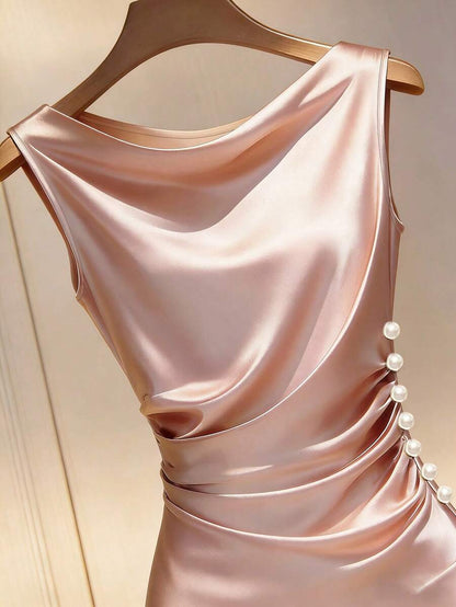 Women's Satin Cowl Neck Midi Dress, Ruched Silky Dress for Wedding Guest and Evening - Champagne
