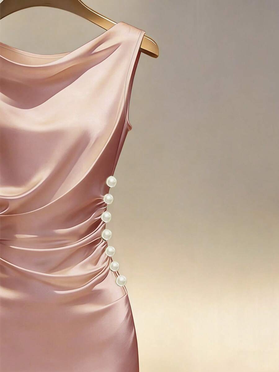 Women's Satin Cowl Neck Midi Dress, Ruched Silky Dress for Wedding Guest and Evening - Champagne