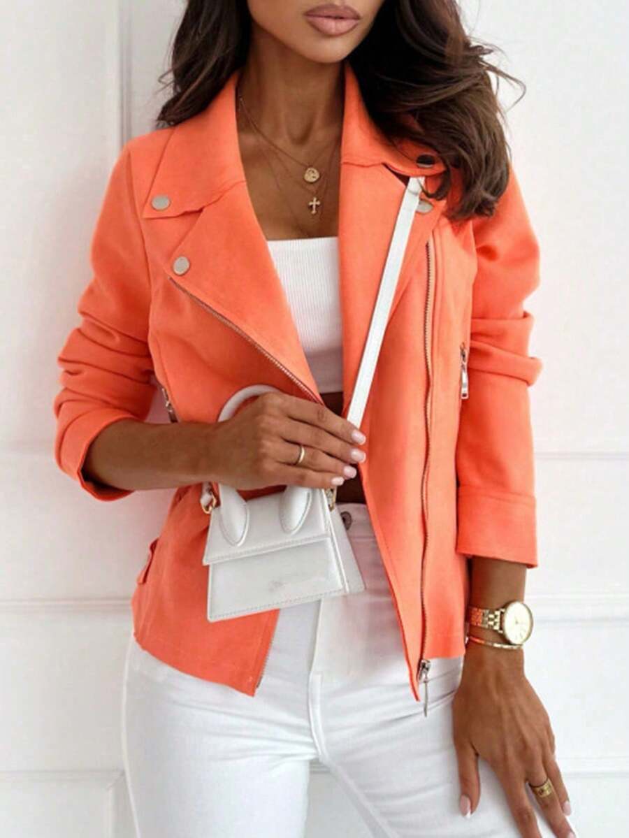 Mireille Fleece Lined Faux Suede Zip Jacket with Stand Collar - Orange