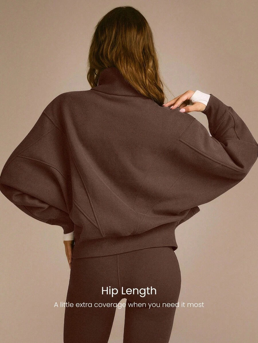 Hortense Oversized Zip Up Fleece Jacket with High Neck - Chocolate Brown
