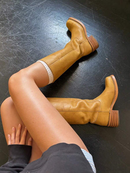 Knee High Boots For Woman Square Toe Fall Wide Calf Pull On Chunky Block Heeled Boots Riding Boots Autumn Casual Comfortable Block Heels For Women Mensa