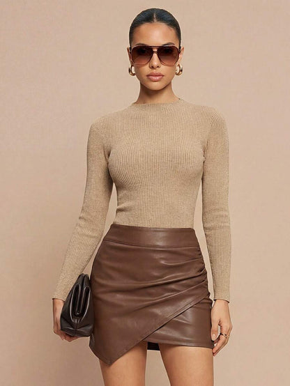 Verity Slim Ribbed Mock Neck Sweater Long Sleeve Pullover - Camel