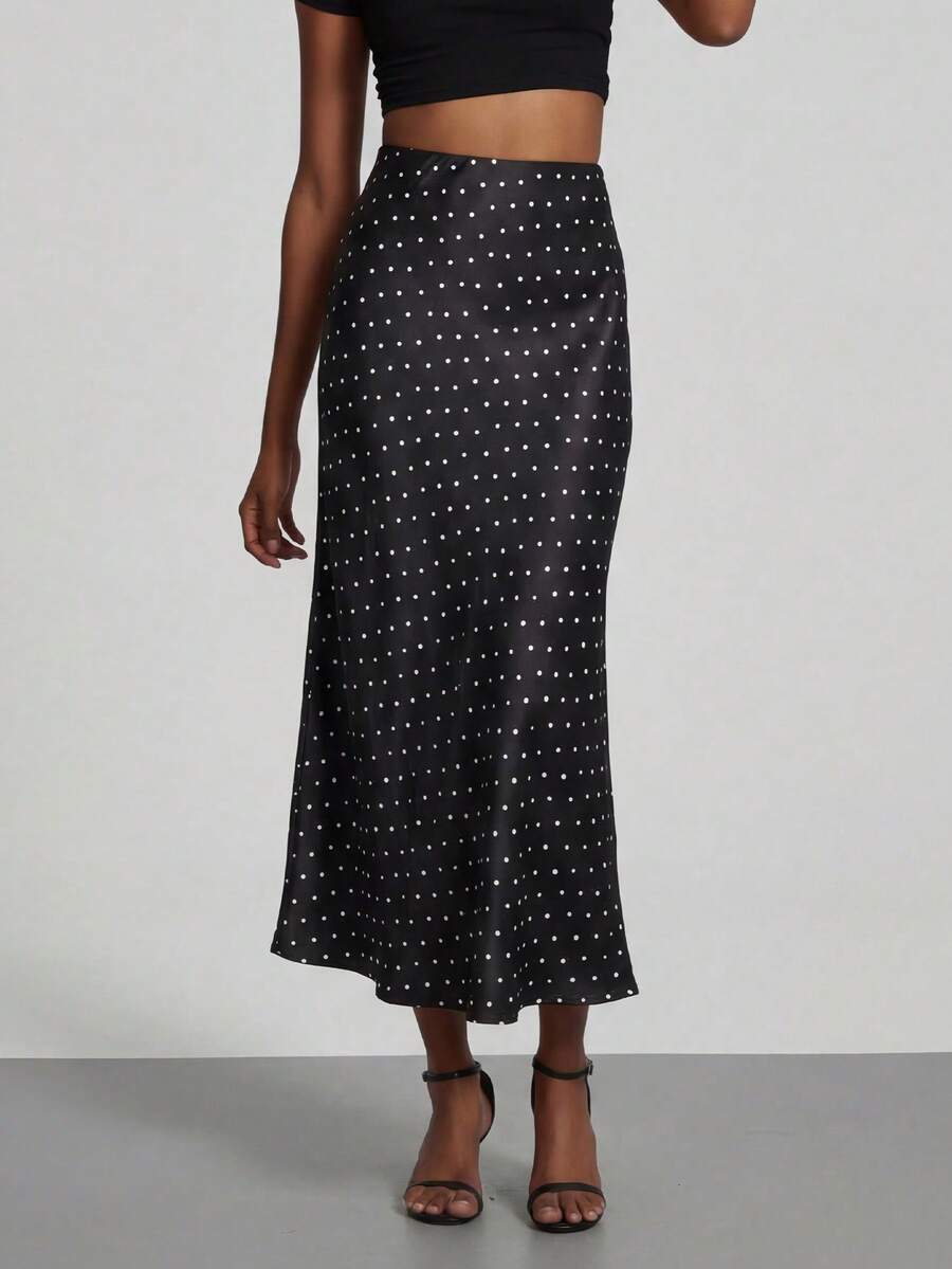 Rosabel Silky Satin Elastic Waist Maxi Slip Skirt - Black Polka Dot