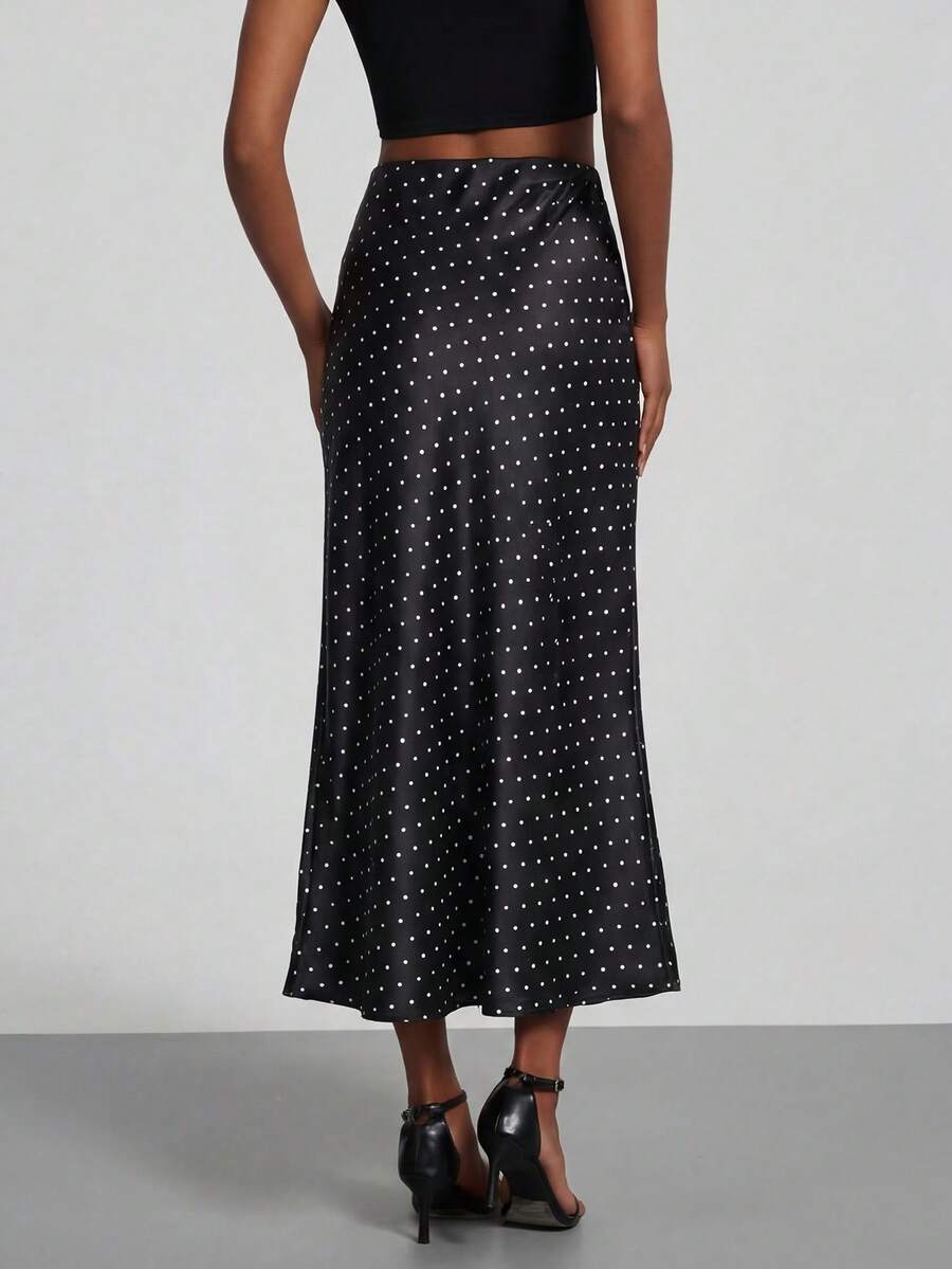 Rosabel Silky Satin Elastic Waist Maxi Slip Skirt - Black Polka Dot
