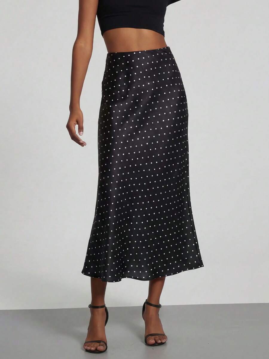 Rosabel Silky Satin Elastic Waist Maxi Slip Skirt - Black Polka Dot