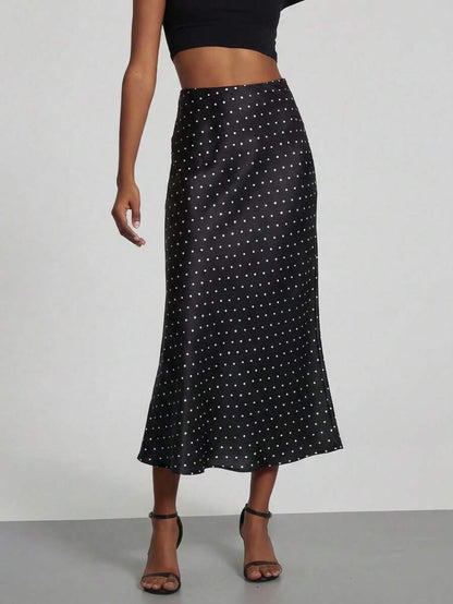 Rosabel Silky Satin Elastic Waist Maxi Slip Skirt - Black Polka Dot