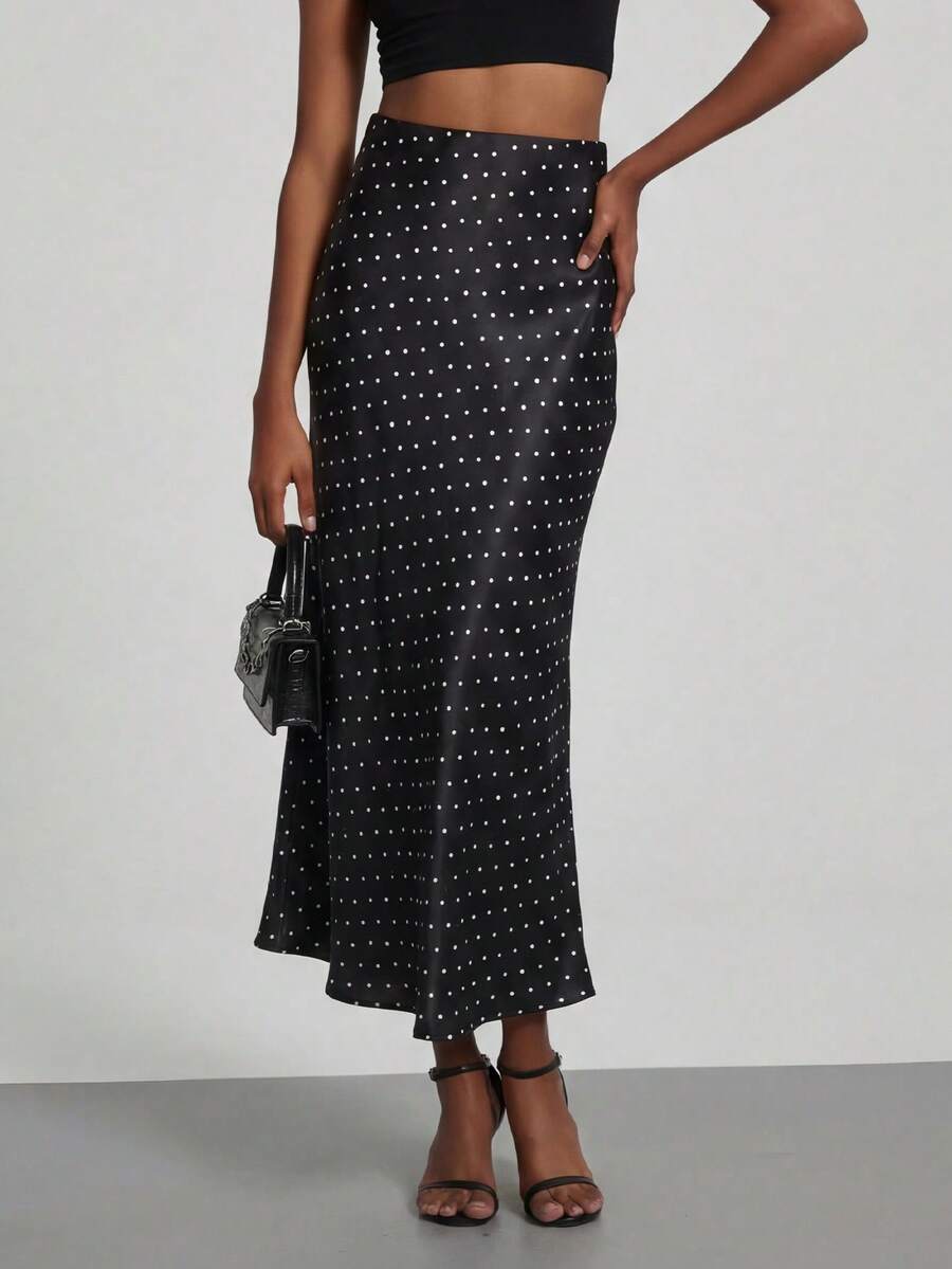 Rosabel Silky Satin Elastic Waist Maxi Slip Skirt - Black Polka Dot