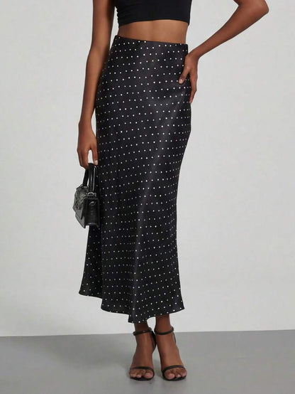 Rosabel Silky Satin Elastic Waist Maxi Slip Skirt - Black Polka Dot