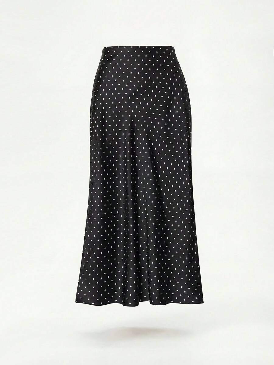 Rosabel Silky Satin Elastic Waist Maxi Slip Skirt - Black Polka Dot