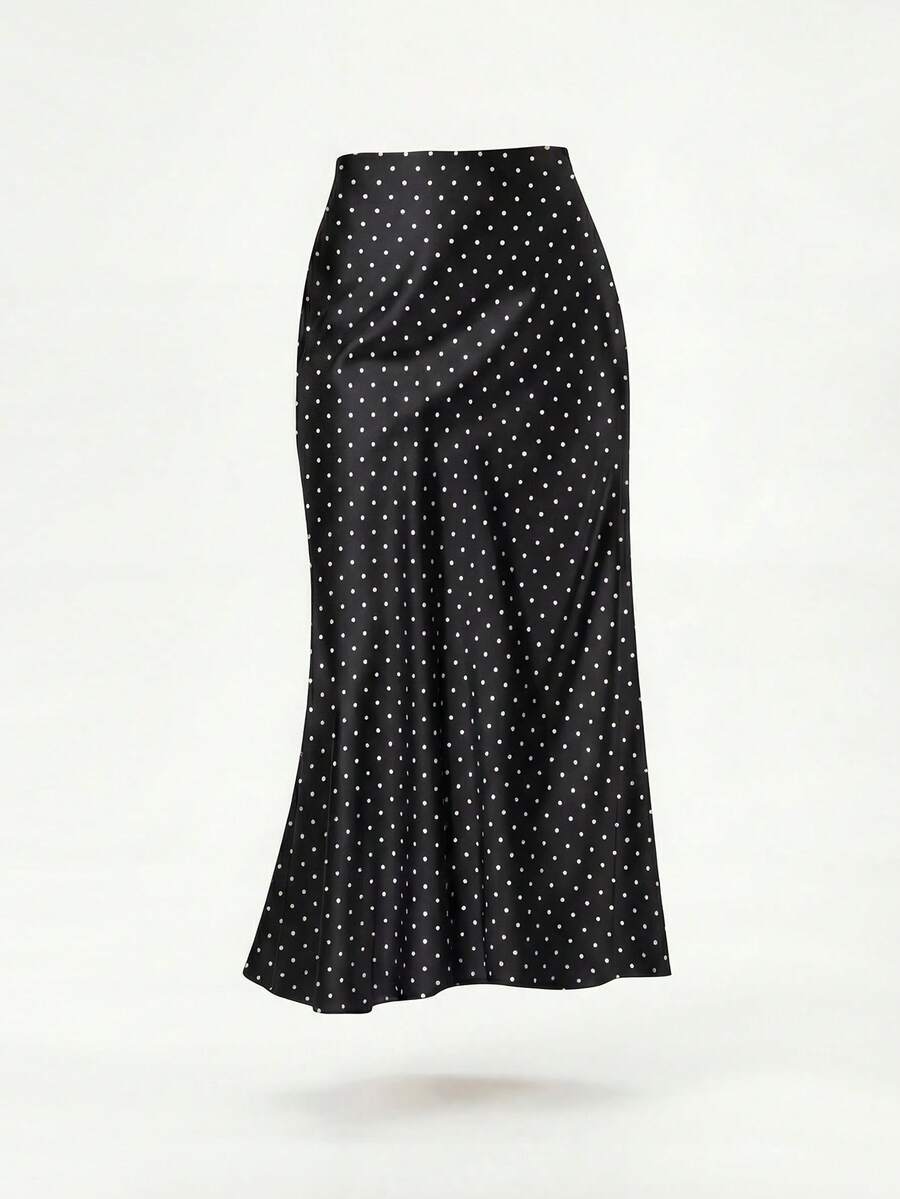 Rosabel Silky Satin Elastic Waist Maxi Slip Skirt - Black Polka Dot