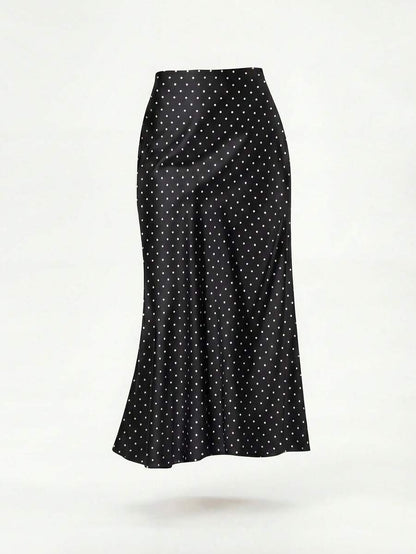 Rosabel Silky Satin Elastic Waist Maxi Slip Skirt - Black Polka Dot