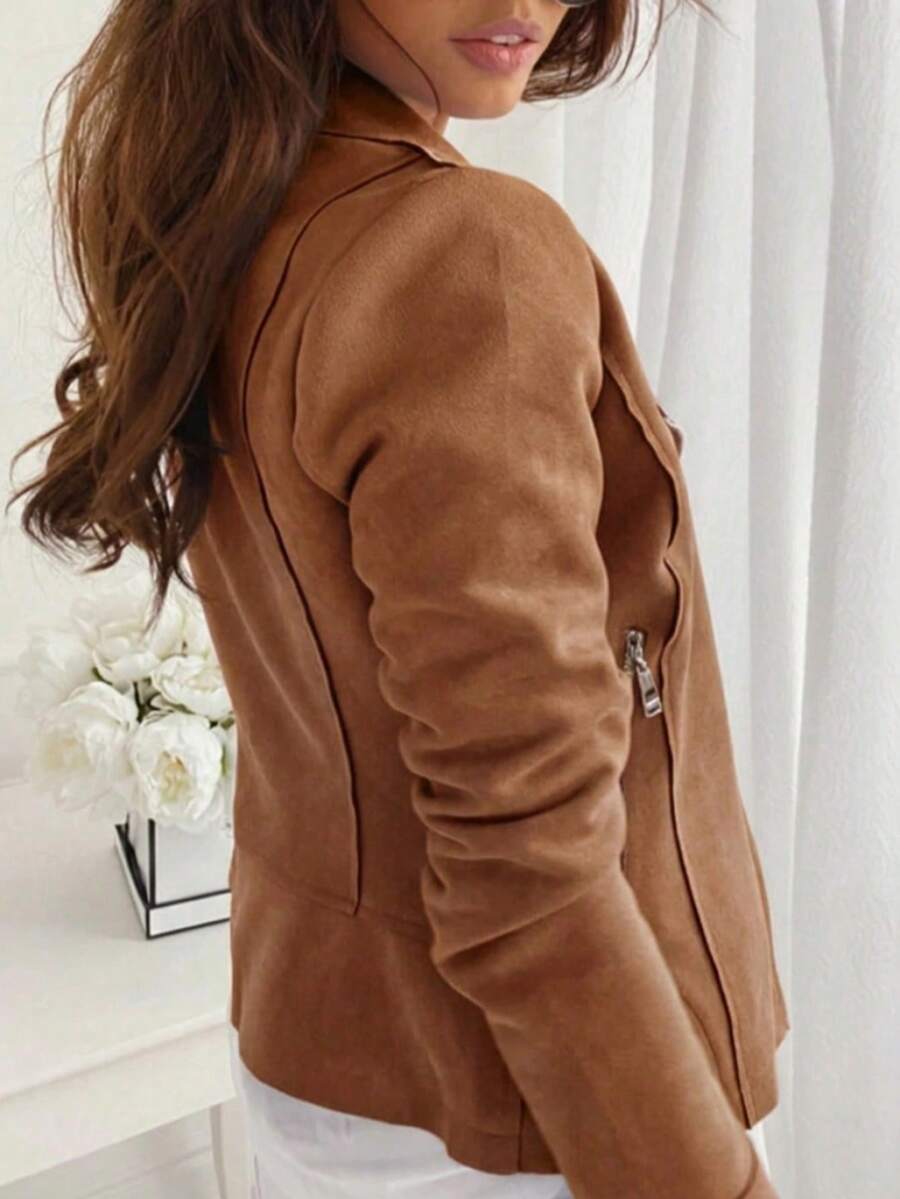 Mireille Fleece Lined Faux Suede Zip Jacket with Stand Collar - Brown