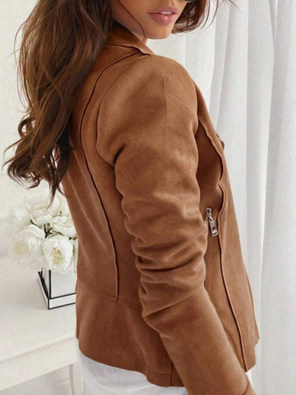 Mireille Fleece Lined Faux Suede Zip Jacket with Stand Collar - Brown