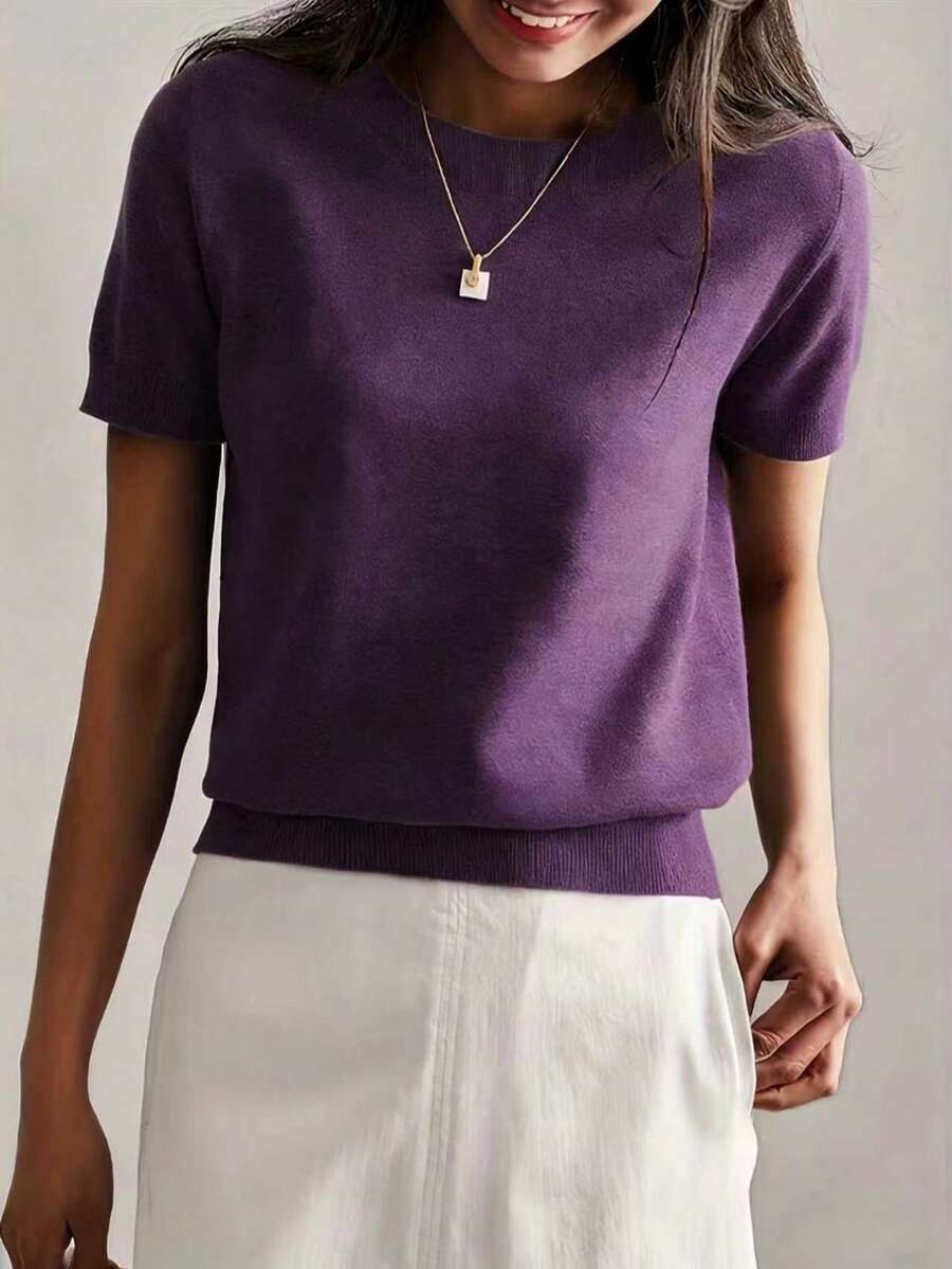 Women's Fine Rib Knit Short Sleeve Top, Fitted Stretch Tee for Layering and Work - Olive Green