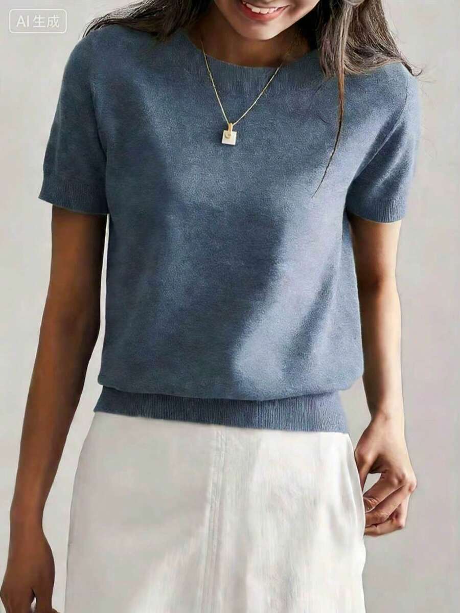 Women's Fine Rib Knit Short Sleeve Top, Fitted Stretch Tee for Layering and Work - Mustard Yellow