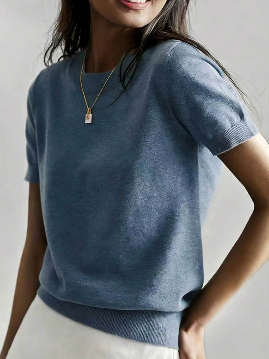 Women's Fine Rib Knit Short Sleeve Top, Fitted Stretch Tee for Layering and Work - Navy Blue