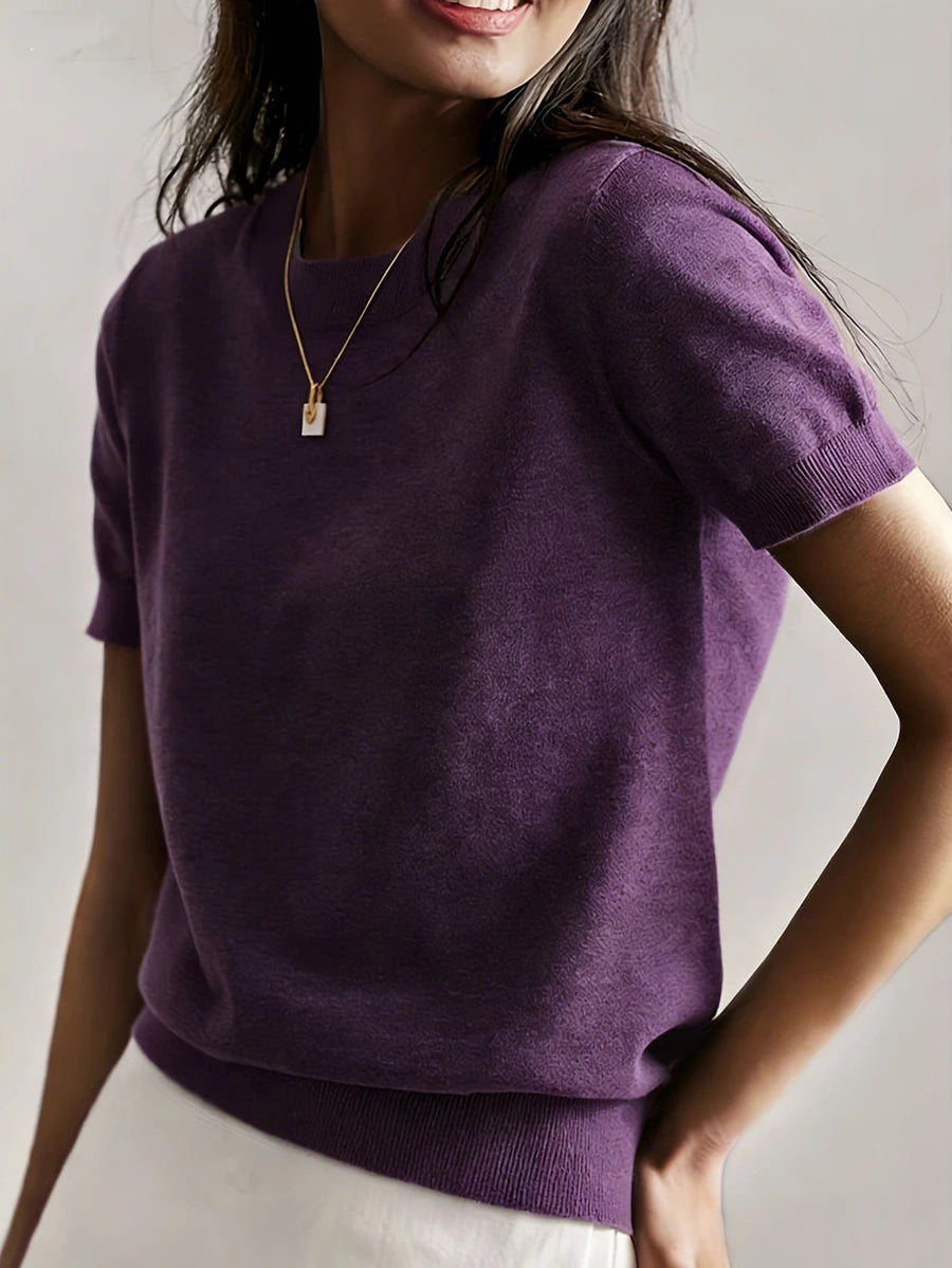 Women's Fine Rib Knit Short Sleeve Top, Fitted Stretch Tee for Layering and Work - Light Grey