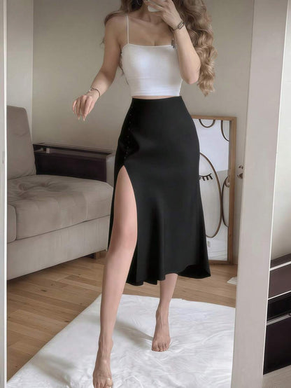 Women's Satin High Slit Midi Skirt, Silky Slip Skirt for Evening and Wedding Guest - Black