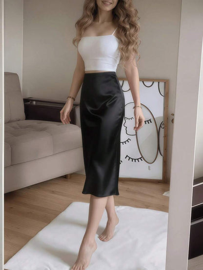 Women's Satin High Slit Midi Skirt, Silky Slip Skirt for Evening and Wedding Guest - Coffee Brown