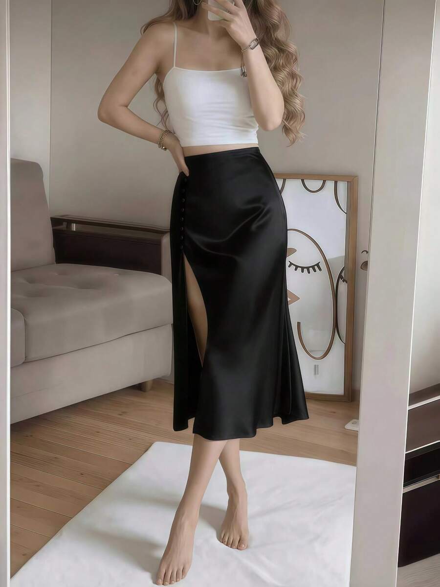 Women's Satin High Slit Midi Skirt, Silky Slip Skirt for Evening and Wedding Guest - Coffee Brown