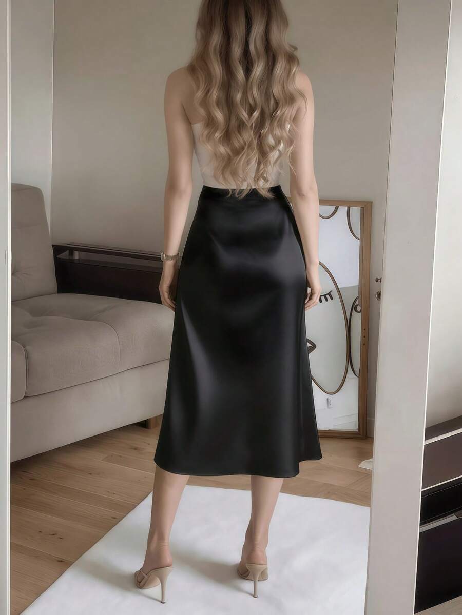Women's Satin High Slit Midi Skirt, Silky Slip Skirt for Evening and Wedding Guest - Coffee Brown