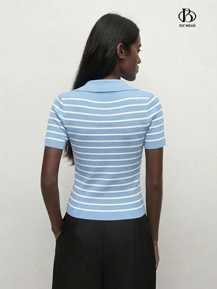 Vera Striped Short Sleeve Knit Top - Blue