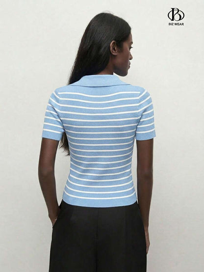 Vera Striped Short Sleeve Knit Top - Blue